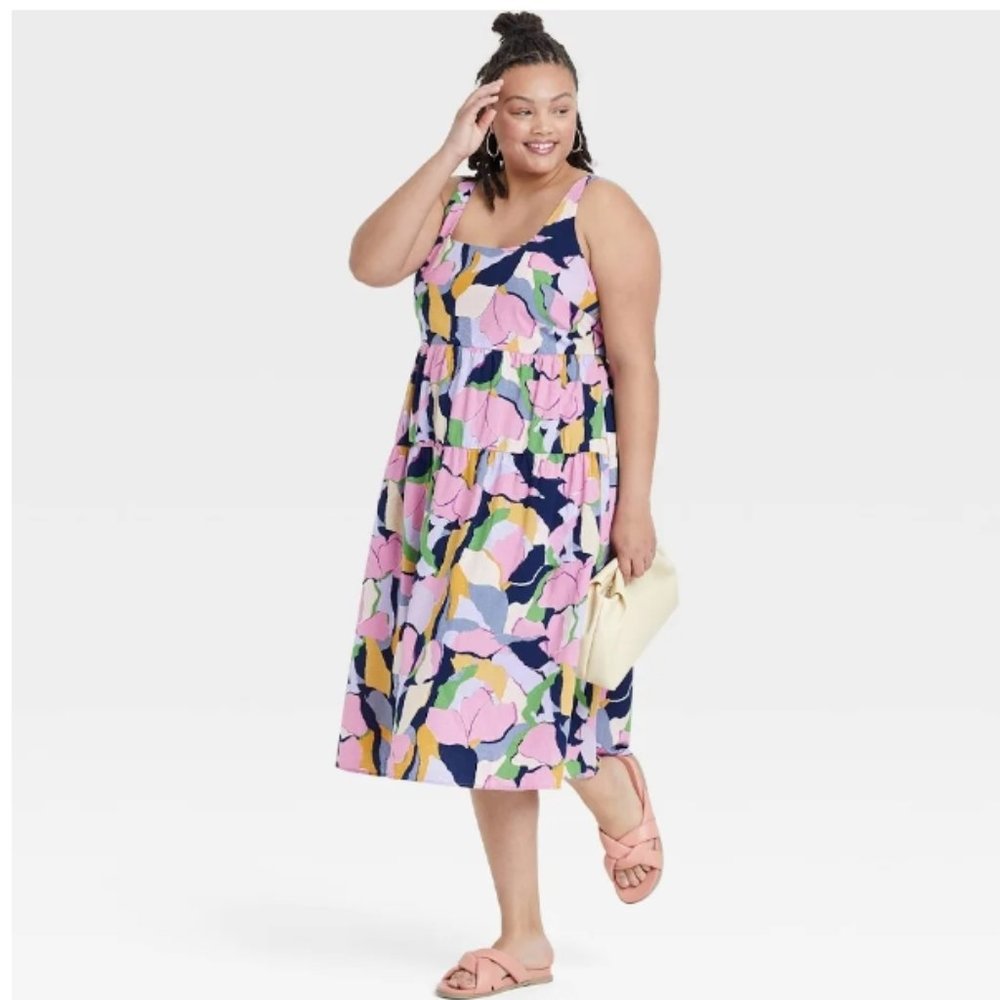 Women's Sleeveless Tie-Back Tiered Dress - Ava & Viv Floral 1x, 3X NWT 12